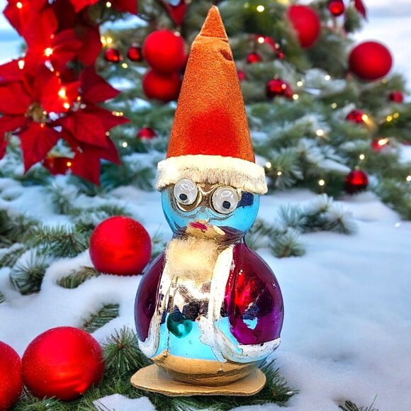 Santa Mercury Glass Ornament Googly Eyes Japan Flocked Hat Chenille v2 Antique - Picture 1 of 8